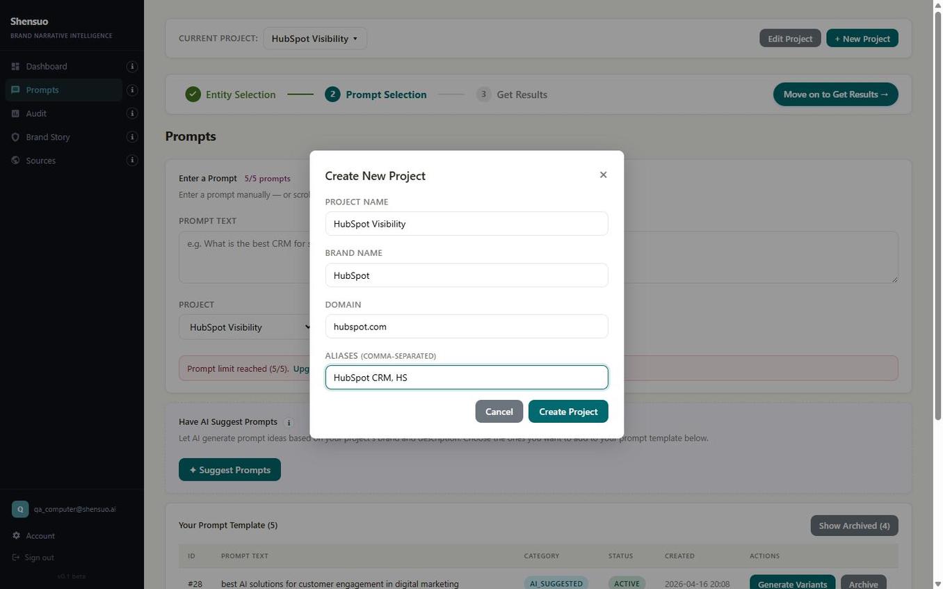 Create New Project modal with HubSpot Visibility project name, HubSpot brand name, hubspot.com domain, and aliases filled in