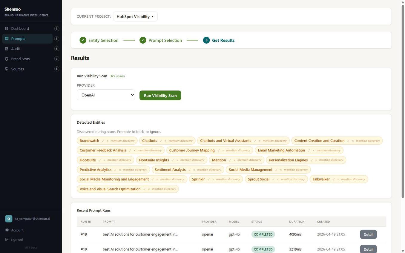Results page showing detected entities grid and Recent Prompt Runs table with completed scans using gpt-4o