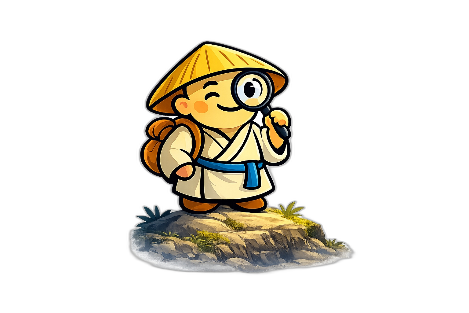 Shensuo mascot explorer looking at AI chat bubbles